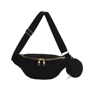 Minimalist black corduroy crossbody bag set with small round coin purse and gold zipper