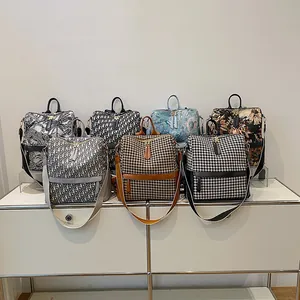 Sac à Dos en Tricot Rétro pour Femmes Grande Capacité Mode Pied-de-Poule Lettres Floral Léopard Sac à Épaule Sangles Réglables