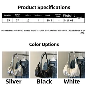 Size chart showing PU leather dumpling bag dimensions 27x15x4cm in silver black white