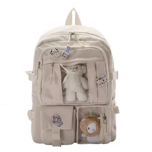 Zaino scolastico giapponese bianco crema di grande capacità con peluche e spille