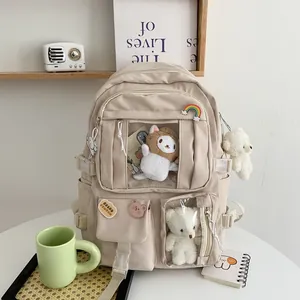 Zaino scolastico beige grande capacità in stile giapponese con tasca frontale trasparente