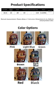 Size chart showing bohemian tassel bucket bag dimensions and seven color options