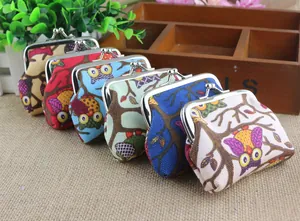 Vintage uil bedrukte canvas portemonnees met metalen sluiting in zes diverse kleuren