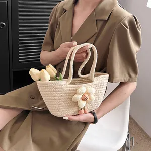 Damen Gewebte Baumwollseil Handtasche Mit Großer 3D-Blume Sommer Urlaub Strand Süße Handgestrickte Beuteltasche Kleine Tote Korb