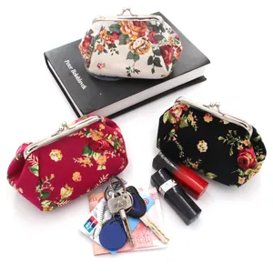 Retro floral canvas coin purses with silver metal clasps in beige, red and black