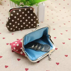 Polka dot canvas coin purse set with vintage metal kiss lock and soft blue fabric lining