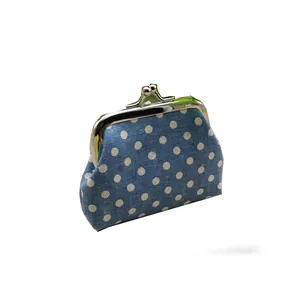 Blue fabric coin purse with white polka dots and silver metal clasp on white background