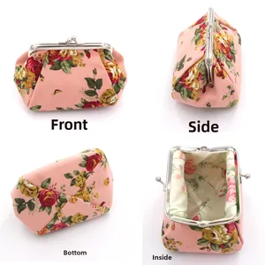 Floral canvas coin purse with silver metal clasp closure shown in multiple angles