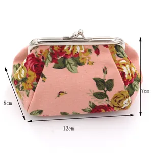 Detail of floral canvas coin purse showing dimensions 12x7x8cm and metal clasp