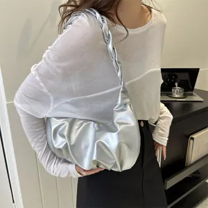 Silver metallic pleated crescent shoulder bag with braided strap for women