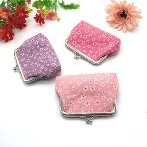 Floral fabric coin purse set with cherry blossom pattern and vintage metal clasp