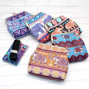 Dames Etnische Boheemse Olifant Print PU Leer Portemonnee Mini Wallet Met Metalen Kiss Lock Sluiting Kleine Change Pouch