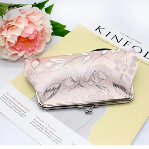 Vintage floral embroidered long clutch wallet with champagne pink jacquard and metal kiss lock