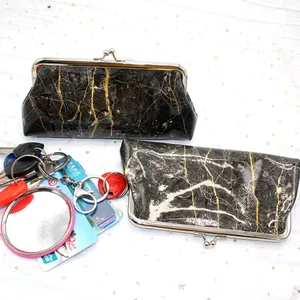 Retro marble pattern small coin purse with silver metal clasp and glossy finish