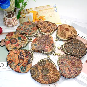Porte-monnaie Femme Vintage Ethnique Motif Grain de Bois Cuir PU Mini Portefeuille Fermoir Baiser Métal Rétro Pochette Rangement Écouteurs