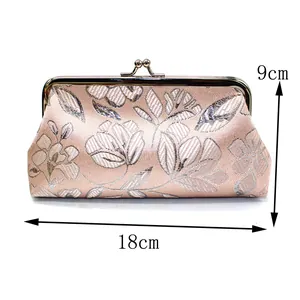 Pink vintage floral embroidered long clutch wallet with metal frame clasp and 18x9cm dimensions