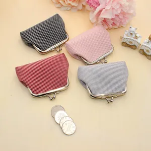Vintage Katoen Hahnentritt Mini Portemonnee Met Kiss Lock Sluiting Kleine Raster Wisseltas Voor Dames Lippenstift Opslag