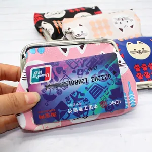 Cartoon cat PU leather coin purse with metal clasp showing credit card storage capacity