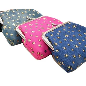 Porte-monnaie créatif en denim avec étoiles et fermoir métal bleu et rose