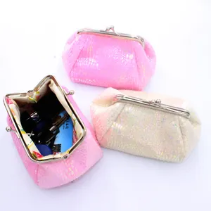 Mini portemonnees met laser lovertjes slangentextuur en metalen sluiting in roze en wit
