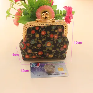 Handmade floral fabric kiss-lock coin purse with vintage gold thread sunflower pattern
