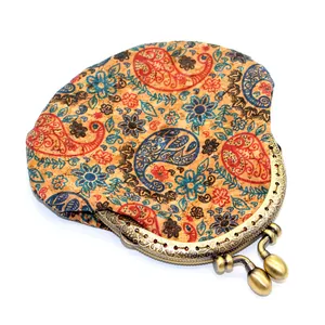 Mini porte-monnaie en liège à motif paisley ethnique avec fermoir doré vintage