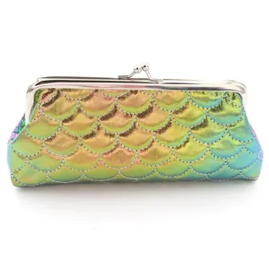 Detailed close-up of rainbow laser fish scale pattern on women's vintage long coin purse