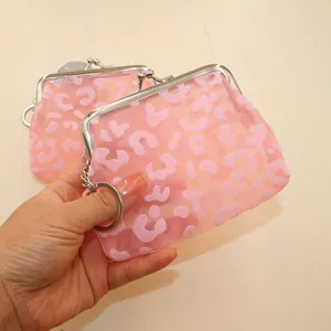 Portamonete da Donna in Rete con Stampa Leopardata e Cuore Chiusura Kiss Lock Mini Portafoglio in Nylon Retro Con Portachiavi