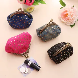 Vintage denim coin purses with star prints in navy, grey blue, rose red and black colors