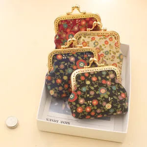 Vintage Floral Kiss Lock Coin Purse Retro Polyester Fabric Wallet Sunflower Printed Small Cosmetic Pouch For Women Ethnic Style
