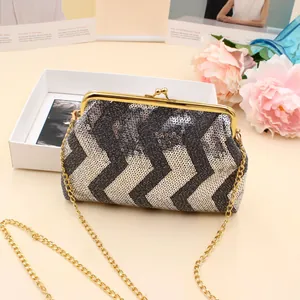 Women Wave Sequin Evening Clutch Bag With Metal Chain Strap Sparkly Chevron Party Purse Crossbody Small Square Bag For Wedding Prom