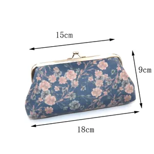 Detail view of a vintage kiss-lock floral fabric purse with dimensions 18x15x9 cm