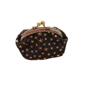 Vintage denim star pattern coin purse with antique bronze metal kiss-lock closure