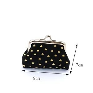 Vintage style kiss-lock coin purse in black fabric with gold heart patterns, 9x7cm size