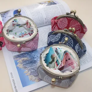 Retro canvas clasp coin purses set with leaf prints and vintage metal frames