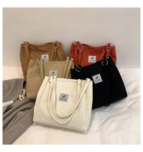 Women's Large Capacity Corduroy Tote Bag With Leaf Label Metal Rings Casual Shoulder Handbag For School Daily Shopping