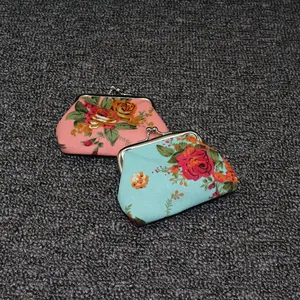 Floral canvas mini coin purse with vintage metal clasp in pink and blue colors