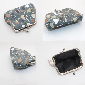 Mini 3-inch PU leather coin purse with retro metal clasp and colorful stone pattern