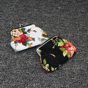 Floral print canvas mini coin purse set with vintage silver metal kiss lock closure