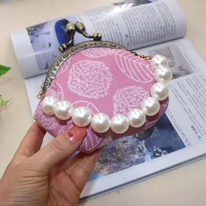 Vintage Canvas Embroidered Leaf Kiss-lock Coin Purse With Faux Artificial Pearl Handle For Women Retro Handmade Small Pouch Wallet