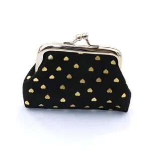 Mini heart print coin purse with silver metal clasp closure and black fabric texture