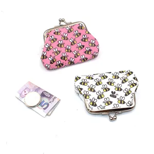 Detailed comparison of pink and white PU bee pattern mini coin purses with a currency size guide