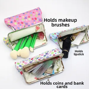 Pochette retrò in PU floreale per pennelli da trucco e monete in tre varianti