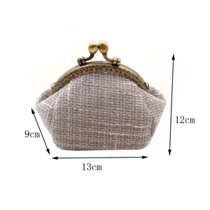 Grijze tweed portemonnee met bronzen metalen frame en dubbele kogelknoop, 13x12x9cm