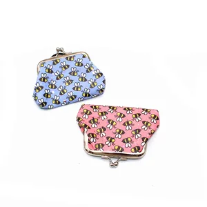 Detail of mini laser PU coin purses with cute bee prints and silver metal clasps