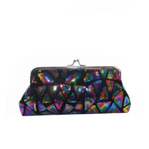 Bunte Pailletten-Clutch mit geometrischem Muster und silbernem Clipverschluss für Damen
