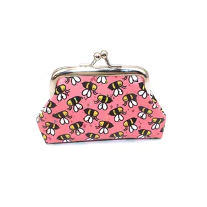 Pink PU laser coin purse with cute honeybee pattern and silver metal clasp closure