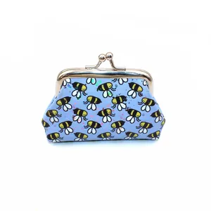 Detail of PU laser printed mini coin purse featuring cute bee patterns and metal clasp