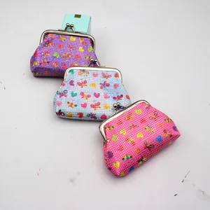 Three colorful PU laser mini coin purses with butterfly patterns and vintage metal clasps
