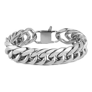 Men's punk style stainless steel double weave curb chain bracelet with polished flat links